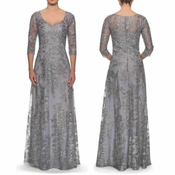 La Femme Silver Floral Embroidered Mesh A-Line Gown - Picture 1 of 1